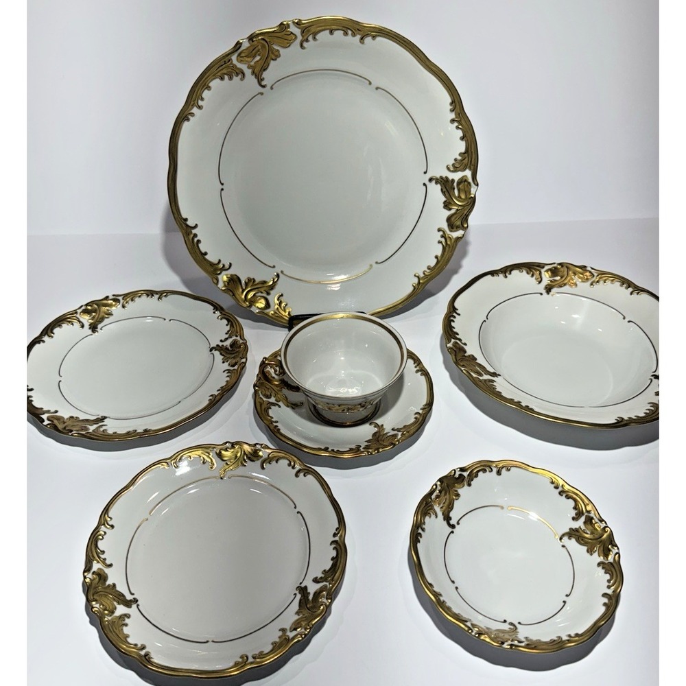 Walbrzych Poland Porcelain Gold Leaf Scroll 7 Pc Place Setting WLB3 Wedding